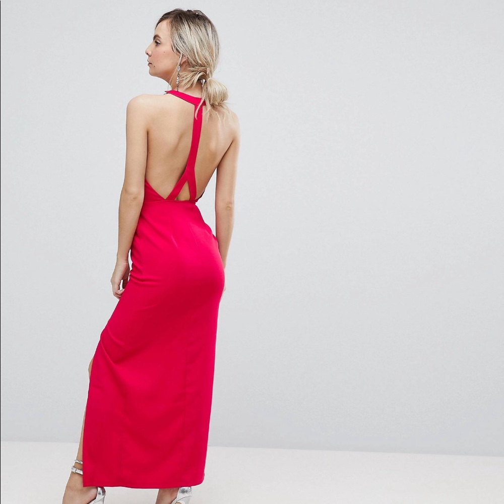 Halter neck BACKLESS formal dress maxi red beaded